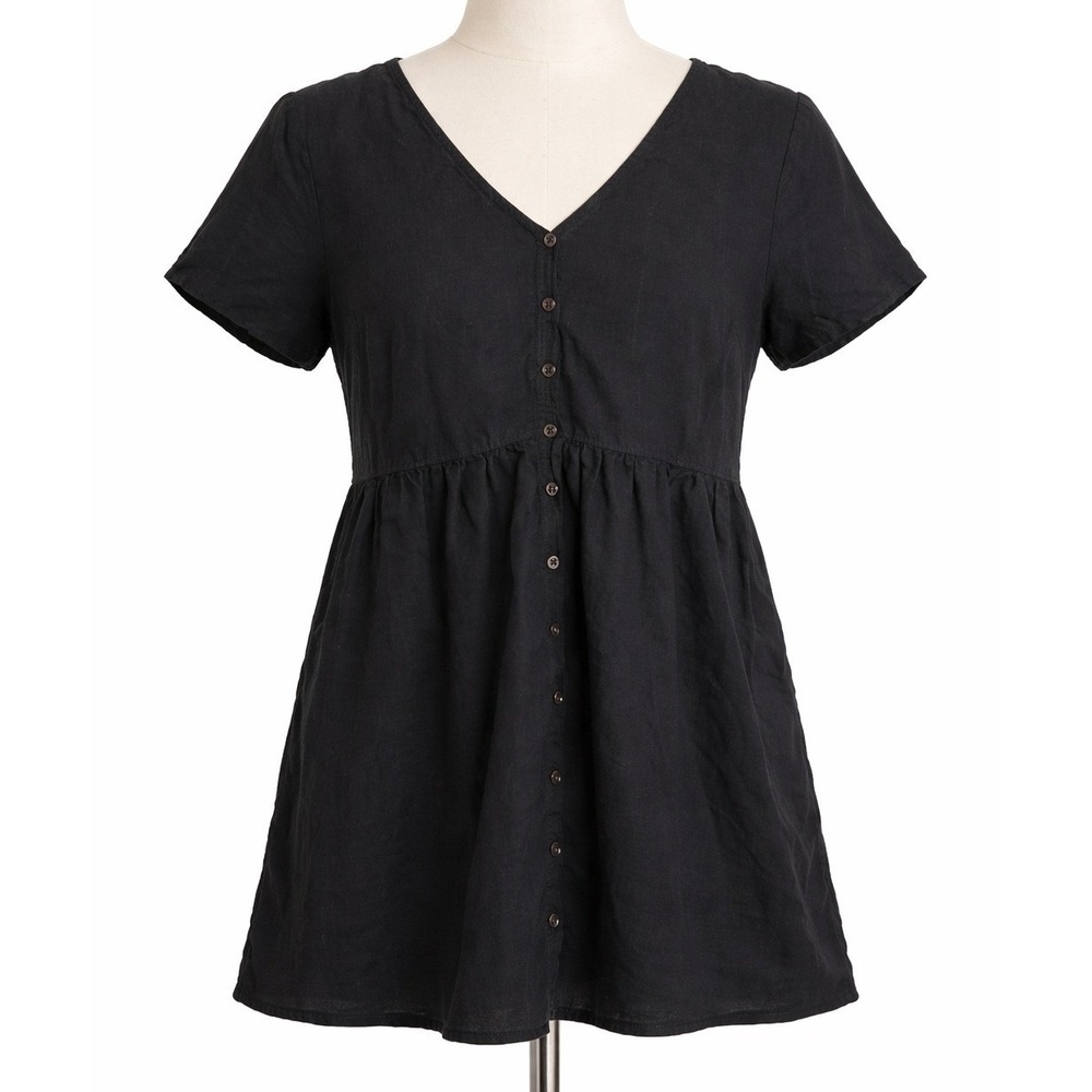 Madewell Black Linen Cotton MEDIUM Petite V Neck Button Front Blouse Flowy‎